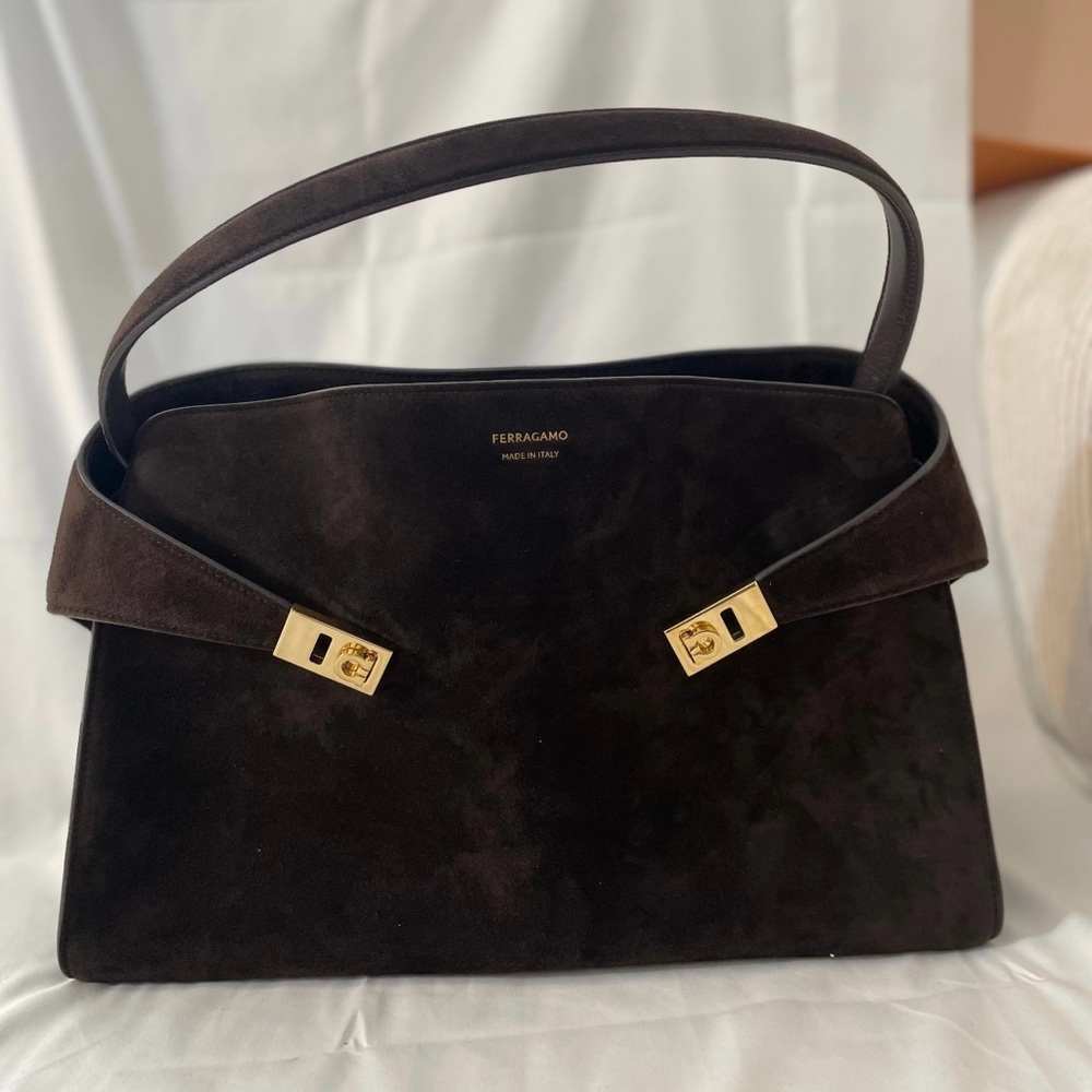 SOLD Brown Suede Ferragamo Hug Shoulder Bag (Medium) with Gold Hardware